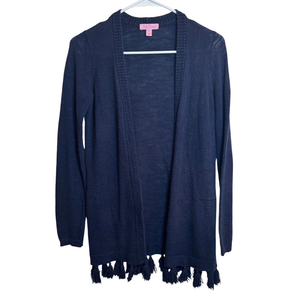 Lilly Pulitzer Navy Blue Open Front Tassel Hem Cardigan Sweater Womens XS